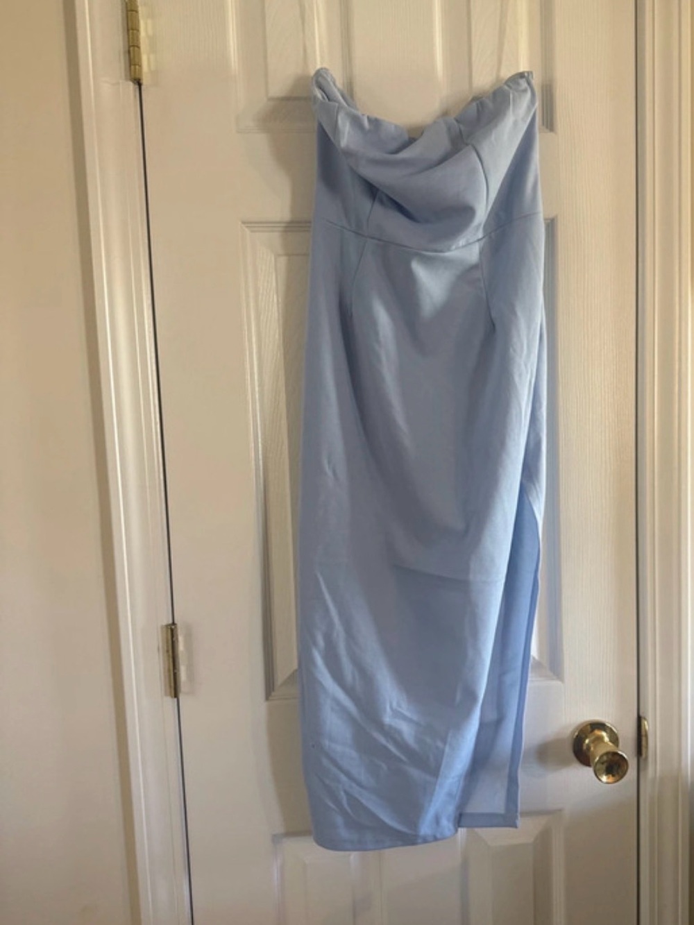 Strapless Light Blue Midi Dress with Draped Neckline